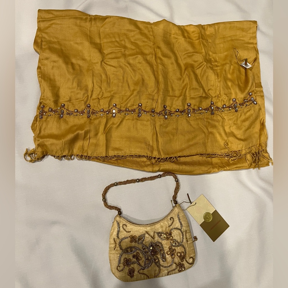 Gold Beaded Scarf & Bag Formal Wedding India Embroidered Pashmina Shawl Fringe